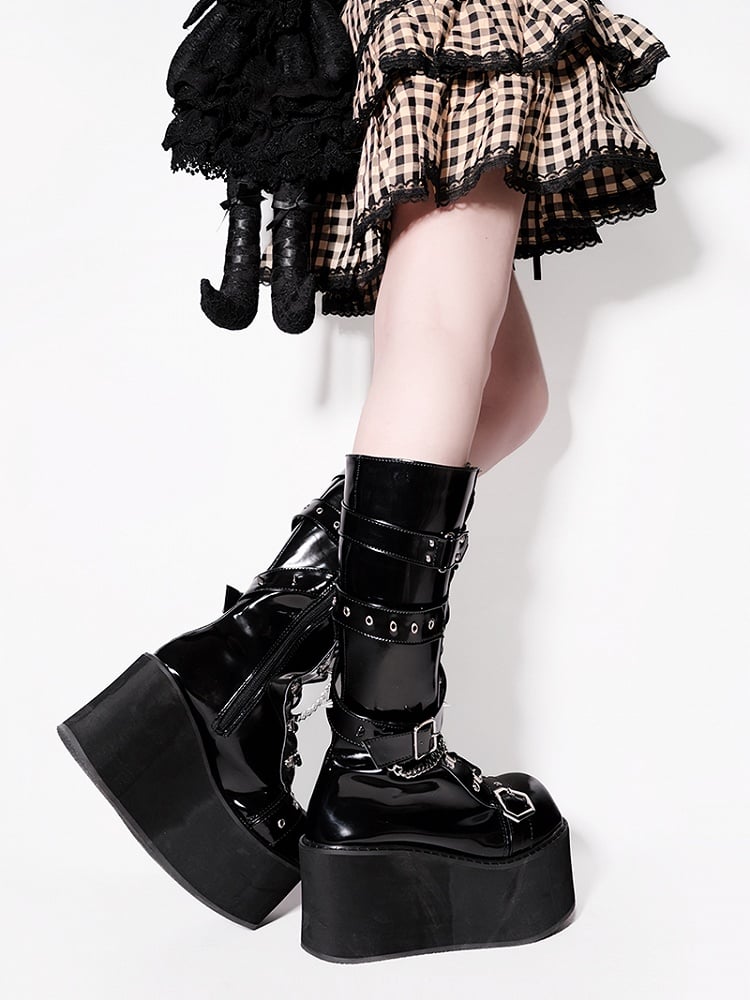 Studs Chains Metal Punk Polished Black Platform Boots