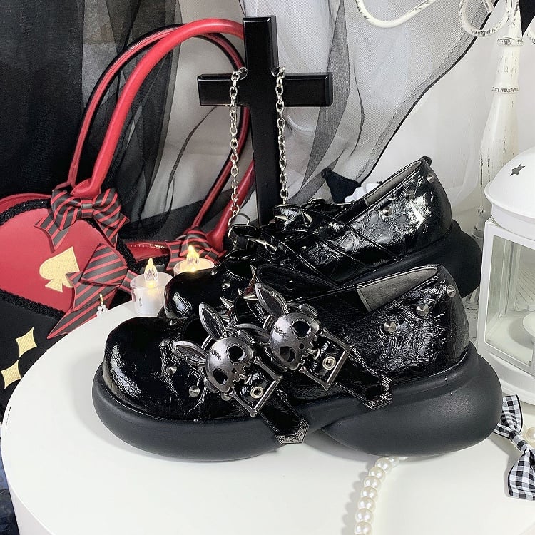 Skeleton Bunny Buckles Crack Black Punk Mary Janes