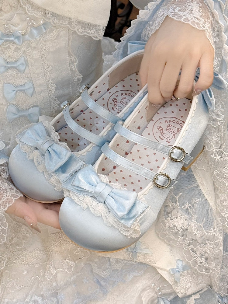 Blue Sweet Lolita Mid-heel Shoes - Round Toe with Ruffle Lace, Bow Decor & Paired Buckles