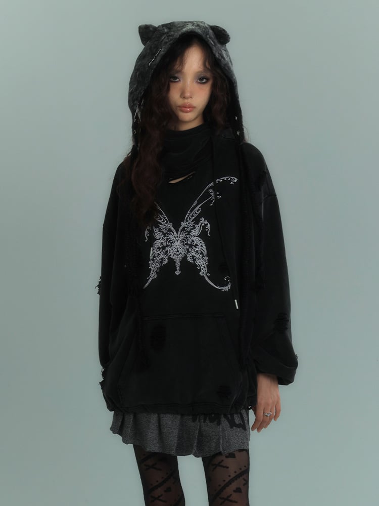Butterfly Embroidery Black Distressed Holes Punk Hoodie