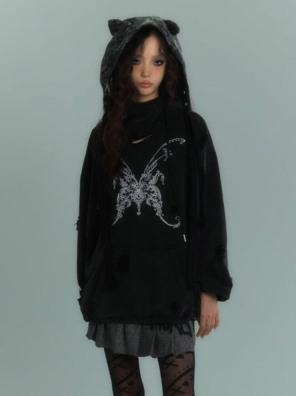 Butterfly Embroidery Black Distressed Holes Punk Hoodie
