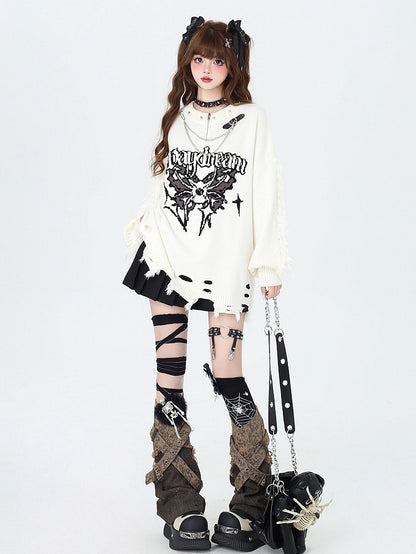 Beige Gothic Distressed Holes Butterfly Sweater with Studs and Chains