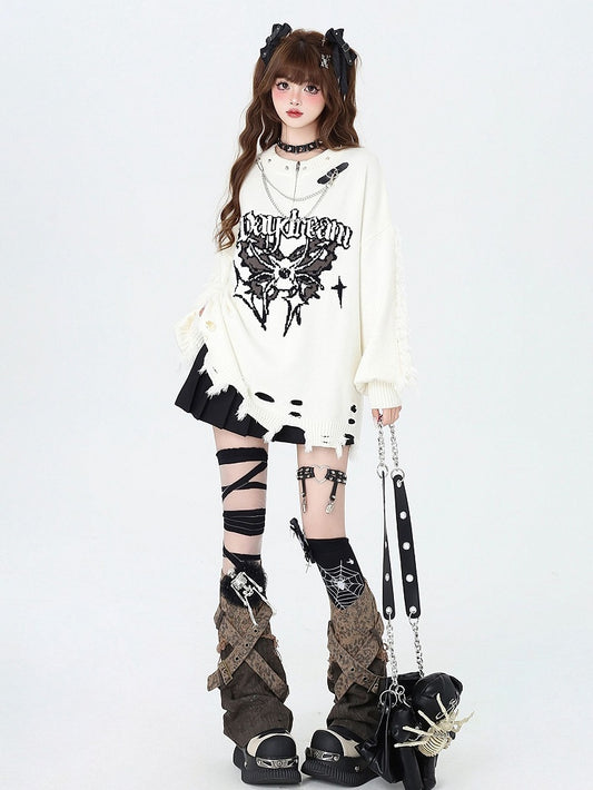 Beige Gothic Distressed Holes Butterfly Sweater with Studs and Chains