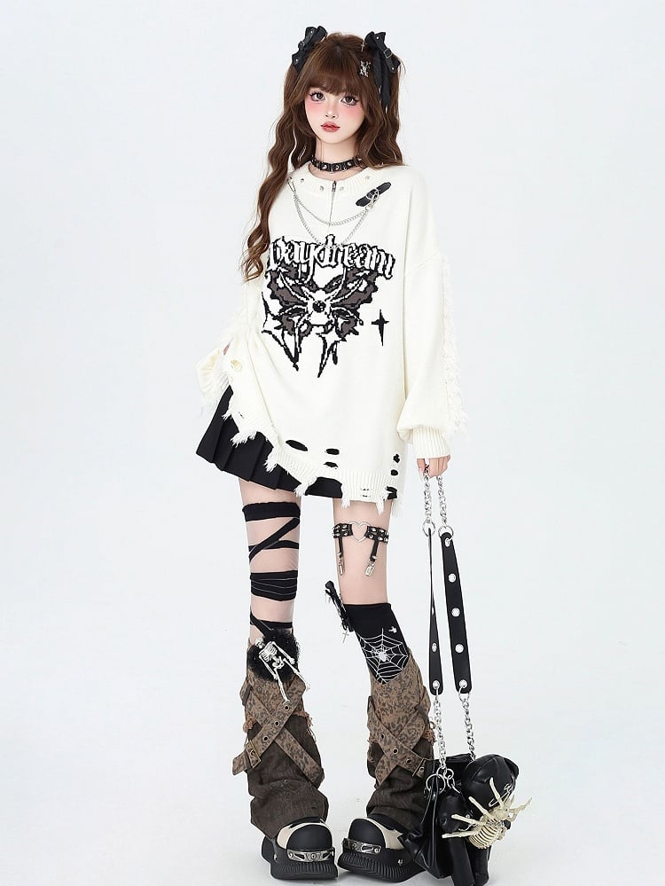 Beige Gothic Distressed Holes Butterfly Sweater with Studs and Chains