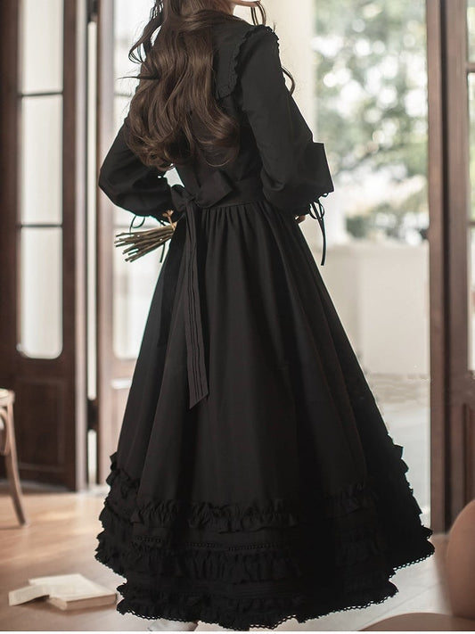 Floral Embroidery Collar Lace-up Detail Black Vintage Leg-of-Mutton Sleeves Dress