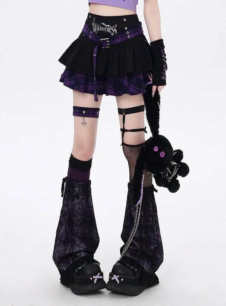 Y2K Black and Purple Plaid Buckle Belt Design Lined Tiered Skirt with Cross Garter