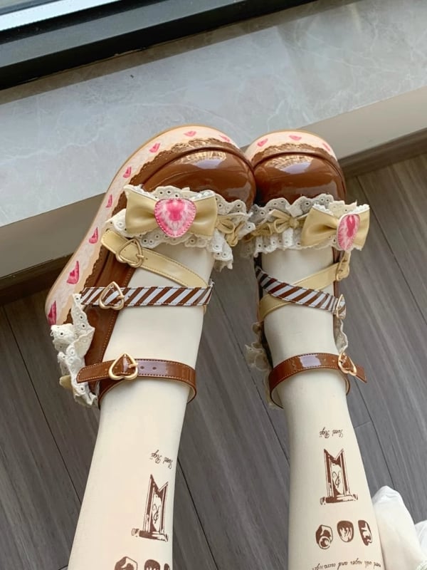 Chocolate Strawberry Cake Brown Sweet Lolita Platform Mary Jane Shoes