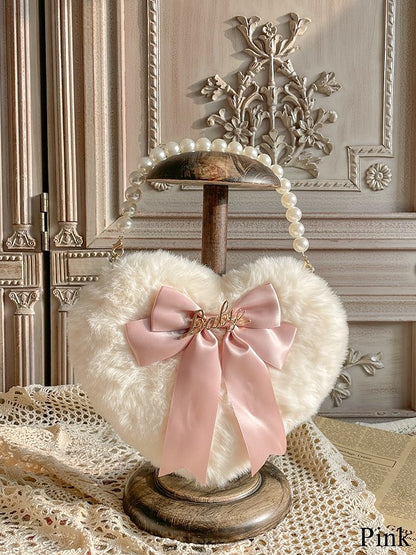 Lolita Plush Heart-Shaped Hand Bag with Bowknot and Bead Handle – 11 Color Options
