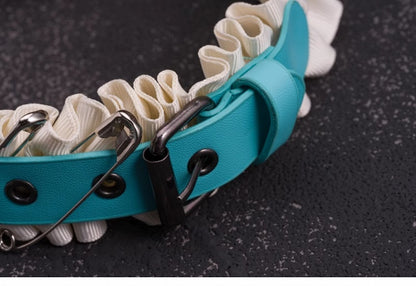 Side Blue PU Buckle White Cross and Pins Ruffled KC