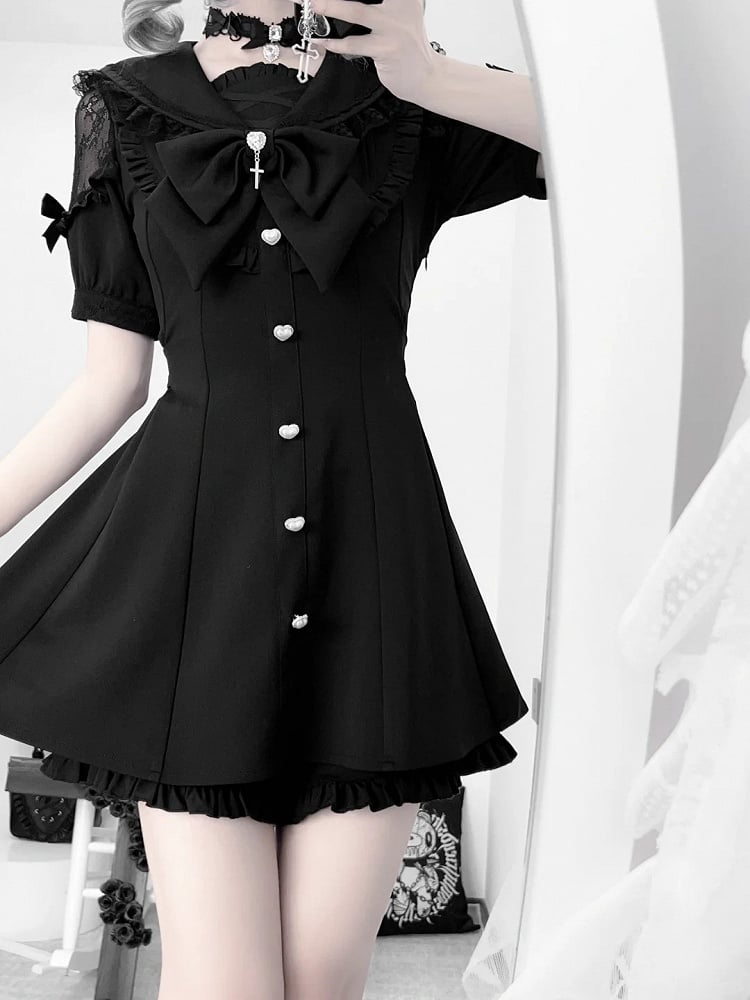 Black Jirai Kei Set - Sailer Collar Sweetheart Buttons Short Sleeves Top + Shorts + Bow Tie