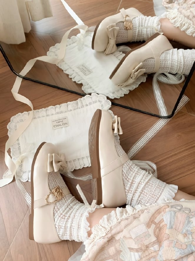 Beige Bow at Top Sweet Lolita Flats with Hugging Bear Heart Buckles