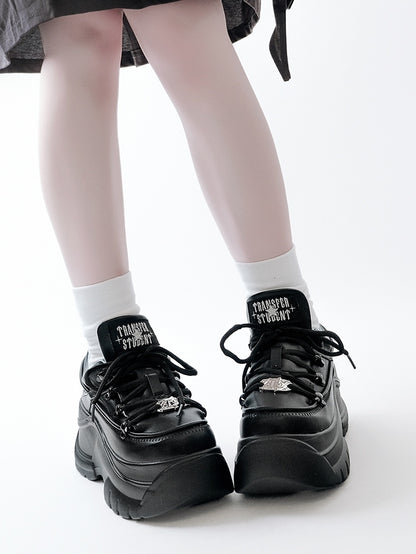 PU Mattend Black Jirai Kei Platform Sneakers with Lace-Up Design