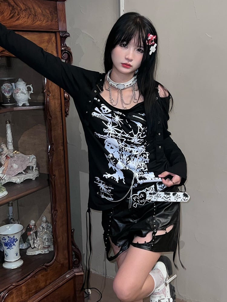 White Off-the-shoulder Neckline Skeleton Print Punk Top