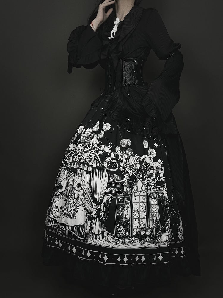 Plus Sizes Available Dark Gothic Lolita Full Set - Black Long Sleeves Shirt + Skirt + Corset Belt