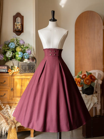 Vintage Wine Red Boned High Waist Striped Skirt