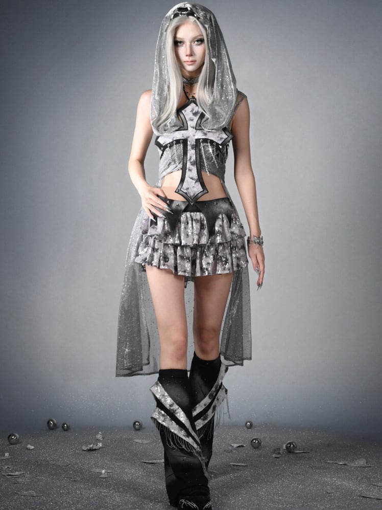 Black  Y3K Fashion Futuristic Metal Fringe Cyberpunk Leg Warmers