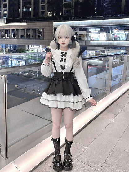 Jirai Kei Black Bowknots White Peter Pan Collar Lace Trim Blouse