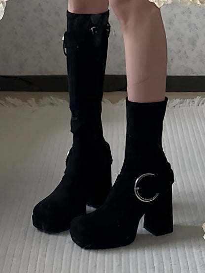 Platform Black High Block Heel Boots with Square Toe Design, Decorative Buckles & Inner Zip