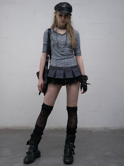 Pink/Blue Wasteland Punk V-neck Rhinestone Necklace Design Striped Pattern Long Sleeves Top