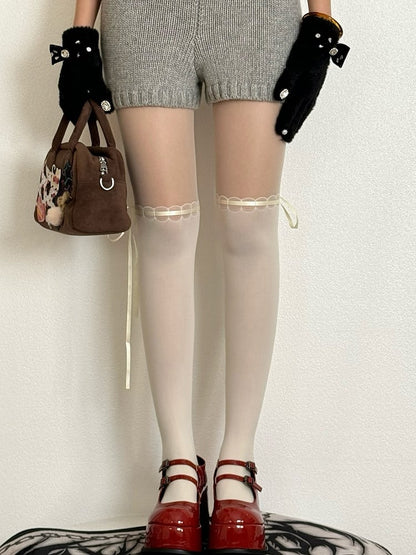 White Self-tie Straps Decorated Tights