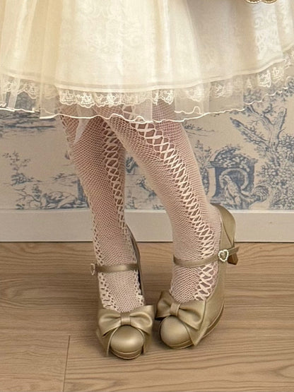 Crystal Heart Closure with Top Bow PU Golden Stilettos in Elegant Lolita
