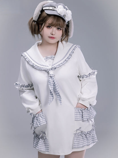 Jirai Kei Sailor Collar Sweatshirt with Dusty Blue Plaid Ruffles with Free Tie