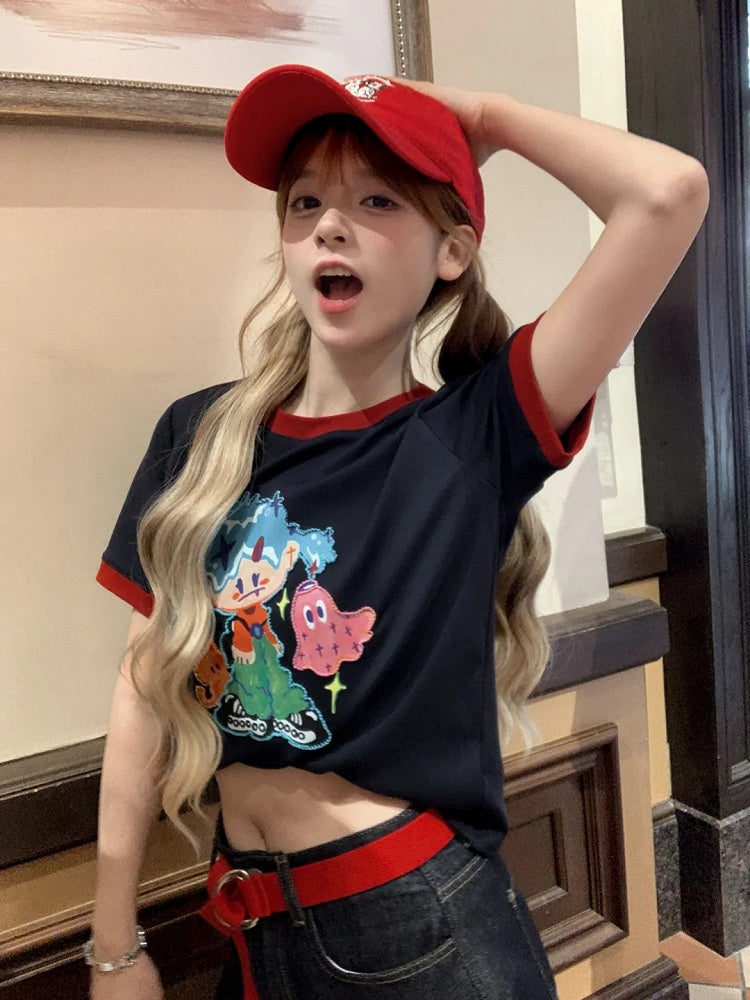 Navy Blue Round Neck Cartoon Print Contrast Trim T-shirt