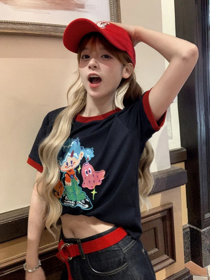 Navy Blue Round Neck Cartoon Print Contrast Trim T-shirt