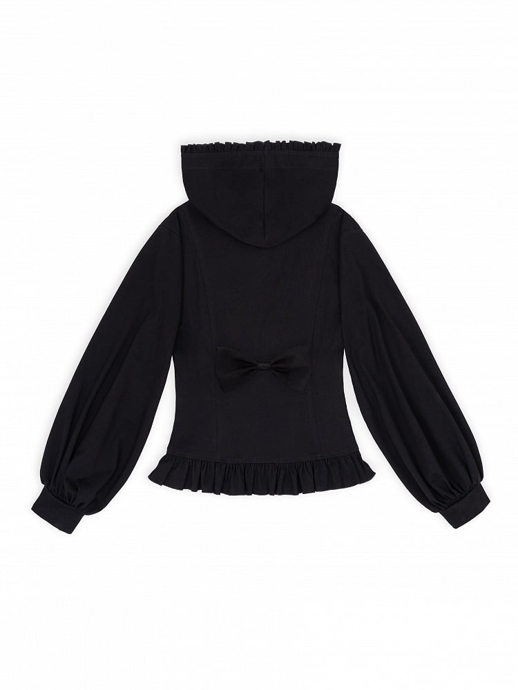 Autumn & Winter Jirai Kei Black Zip-up Hoodie with Ruffle Accents and Criss-cross Ribbon