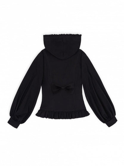 Autumn & Winter Jirai Kei Black Zip-up Hoodie with Ruffle Accents and Criss-cross Ribbon
