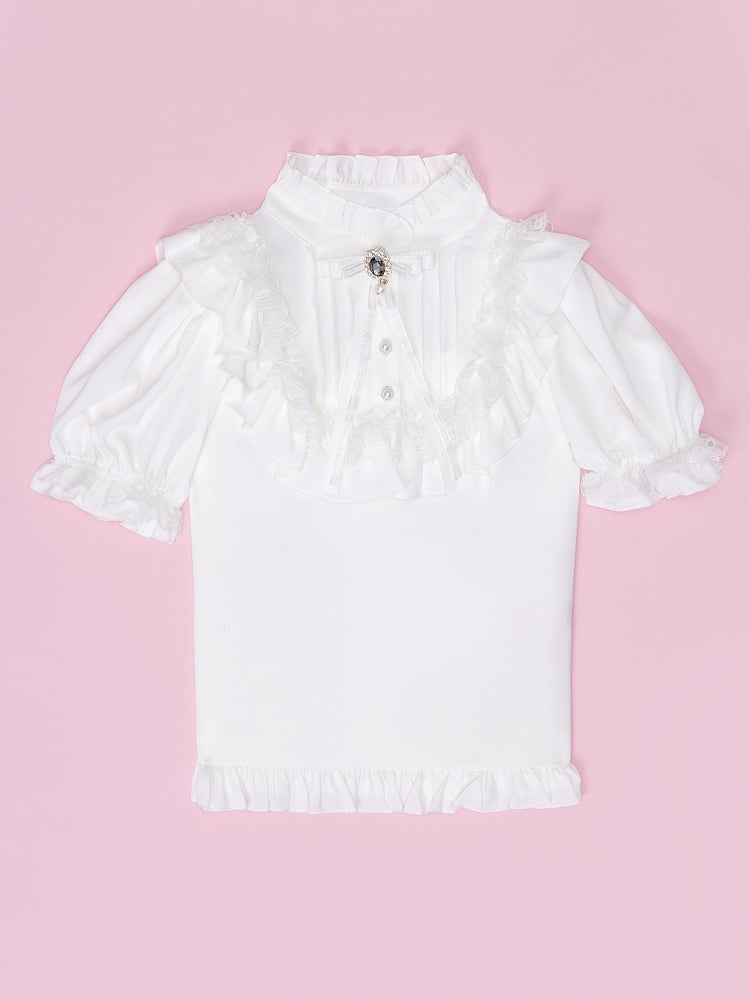 Lace Angel Wings at Back White Short Sleeves Blouse