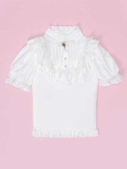Lace Angel Wings at Back White Short Sleeves Blouse