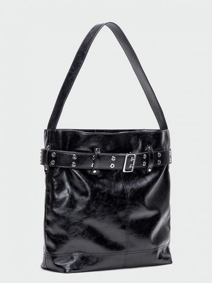 Elegant Black Tote Bag With Belt Buckle Accent - Perfect For Commuting