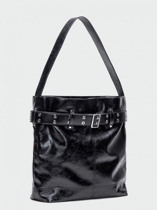 Elegant Black Tote Bag With Belt Buckle Accent - Perfect For Commuting