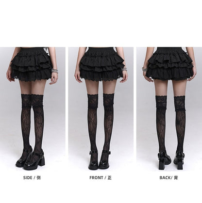 Black Elastic Waist Lace Trim Mini Tiered Skirt Bloomers Lining