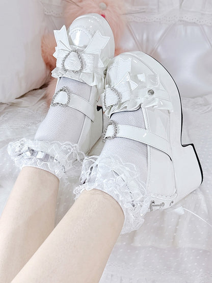 Jirai Kei Polished White Rhinestone Heart Decorated Lace-up Details Platform High Block Heels