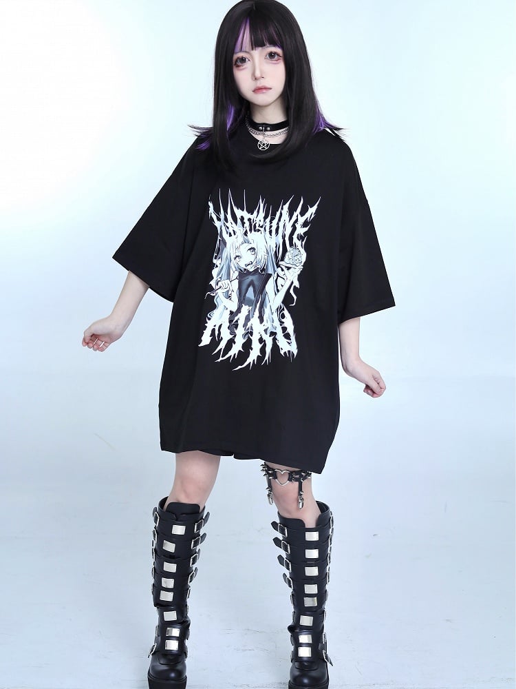 Black Jirai Kei Cartoon Girl Print Round Neck T-shirt