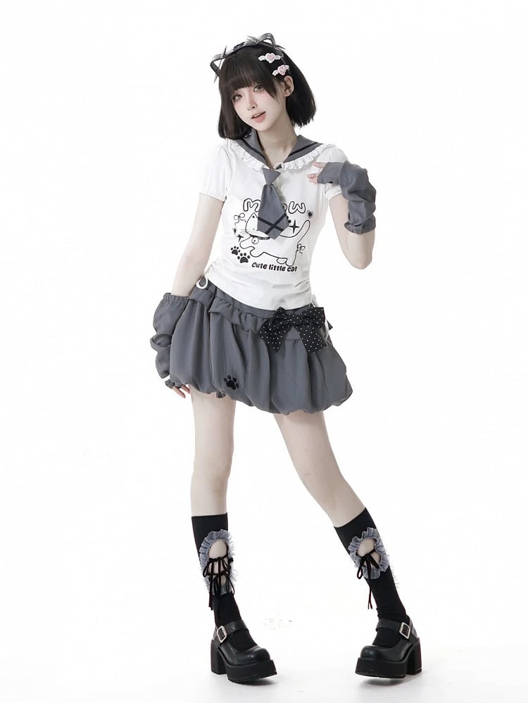 Cat Paw Embroidery Gray Bubble Skirt