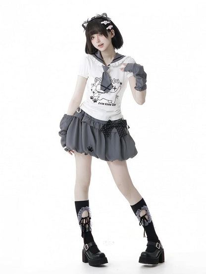 Cat Paw Embroidery Gray Bubble Skirt