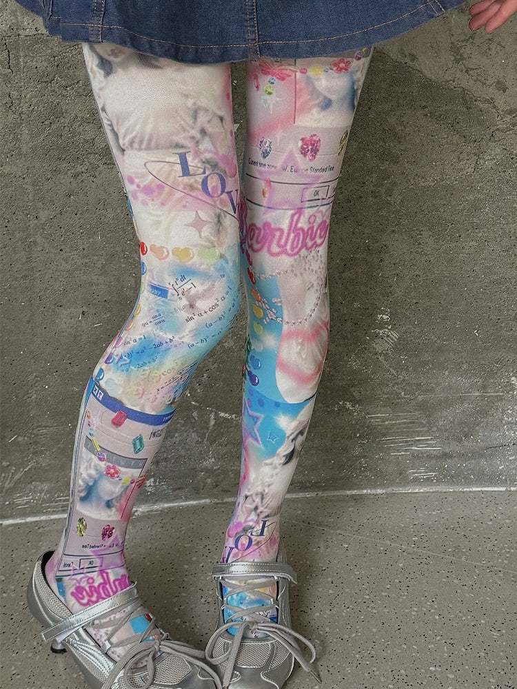 White Y2K Barbie Print Tights