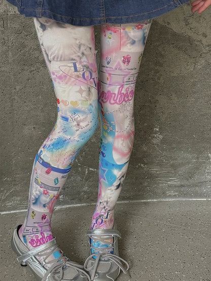 White Y2K Barbie Print Tights