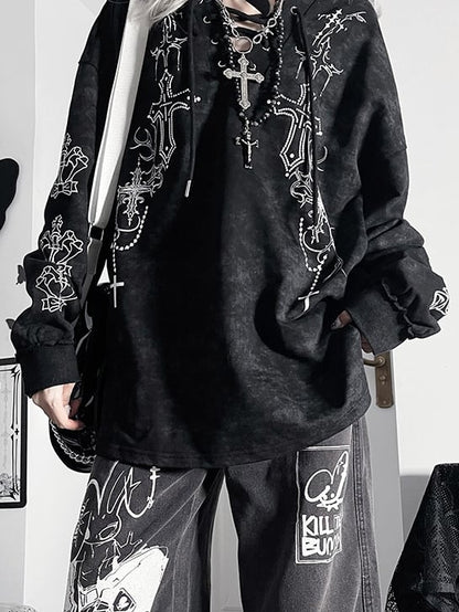 Black Bittersweet Lace-up Details Cross Design Tie Dye Hoodie
