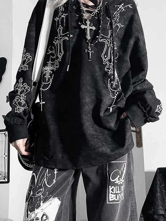 Black Bittersweet Lace-up Details Cross Design Tie Dye Hoodie
