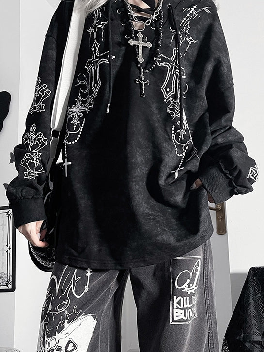 Black Bittersweet Lace-up Details Cross Design Tie Dye Hoodie