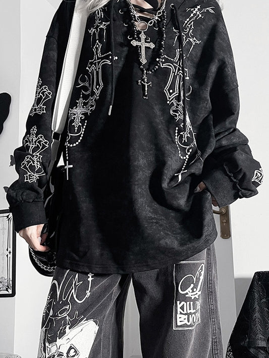 Black Bittersweet Lace-up Details Cross Design Tie Dye Hoodie