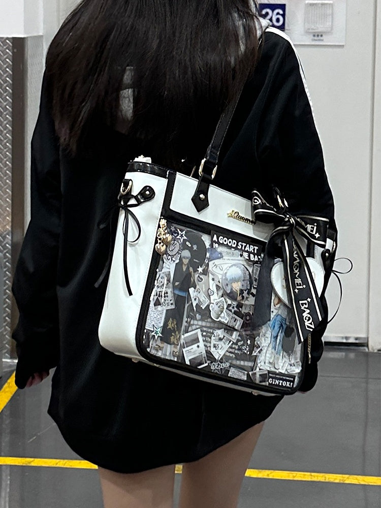 White and Black Bowknot and Heart-shaped Charm Ita Bag