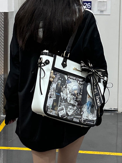 White and Black Bowknot and Heart-shaped Charm Ita Bag