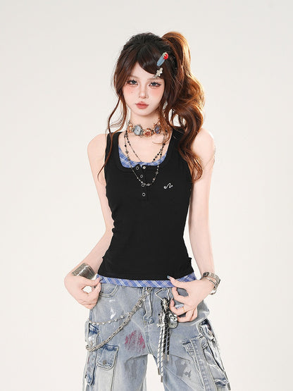 Black and Blue Plaid Faux Two-pieces Slim-fitting Tank Top