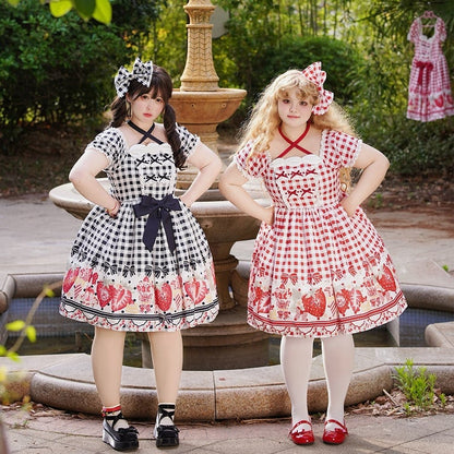 Plus Size Black Bow and Strawberry Print Lolita Gingham Dress