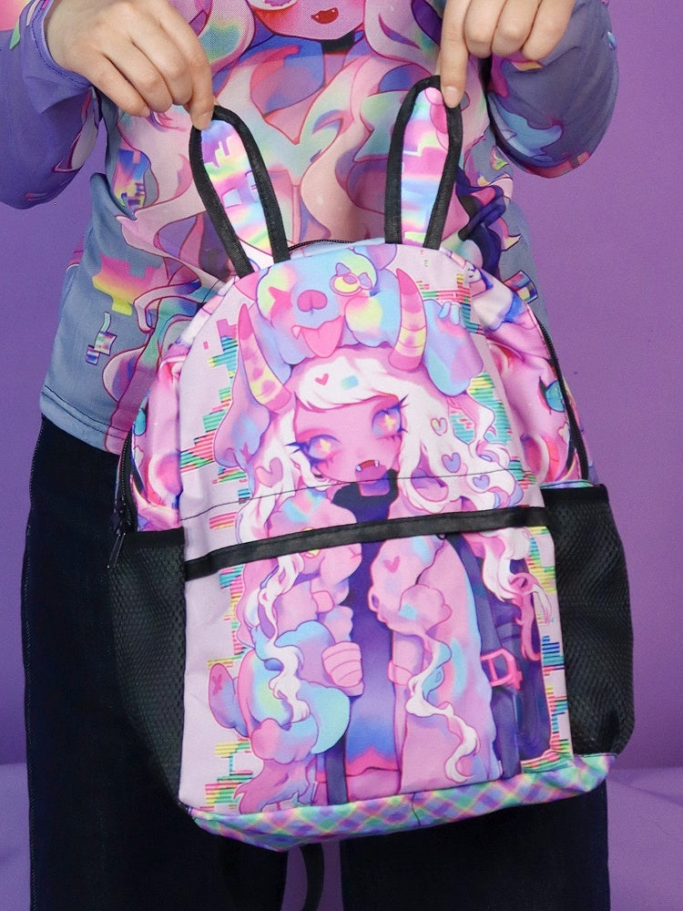 Pink Y2K Backpack with Cartoon Print and Bunny Ear Accents